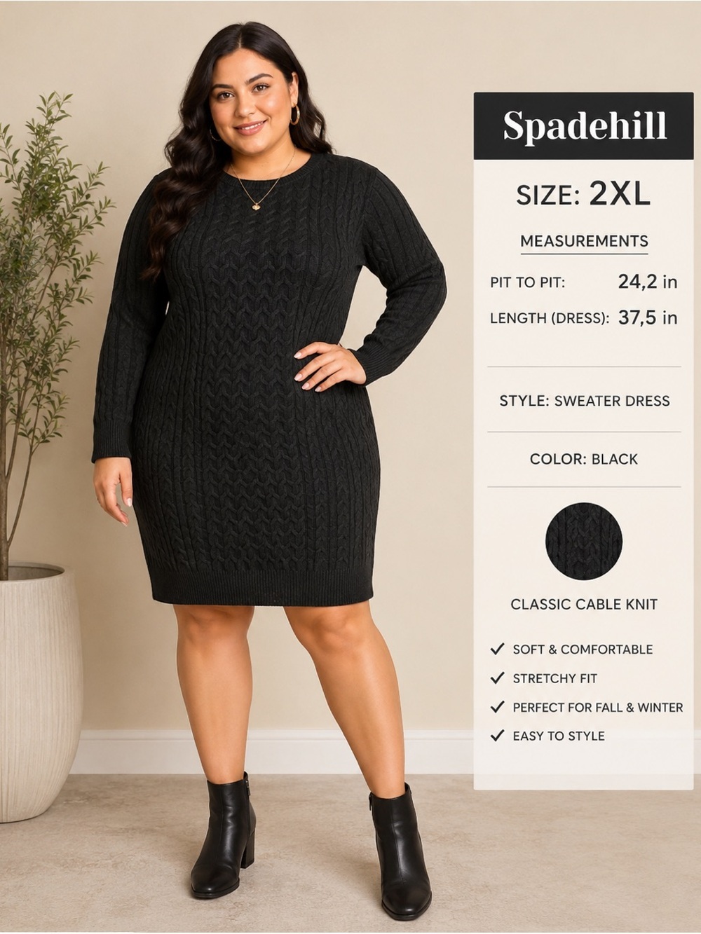 Spadehill Black Cable Knit Sweater Dress 2XL BNWOT